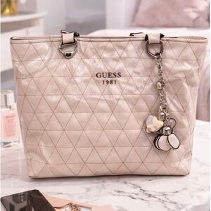 Vintage GUESS Quilted Handbag • Cream Tote • Charm Detail. Read Description